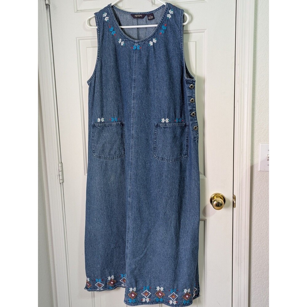 VTG Agapo Denim Jumper Maxi Dress XL Embroidered Southwestern Sleeveless Pockets